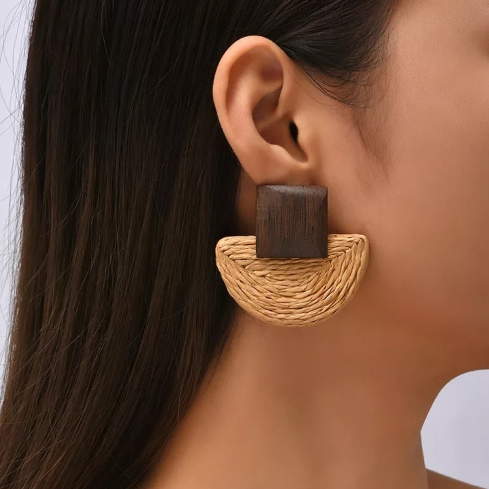 Rattan Woven Vine Wooden Square Boho Geometric Earrings